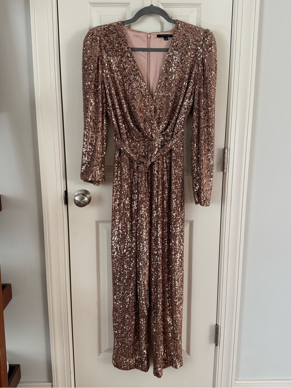 Alex Marie Rose Gold Sequin Jumpsuit Size 8 Belted Wide Leg Formal - Picture 2 of 16